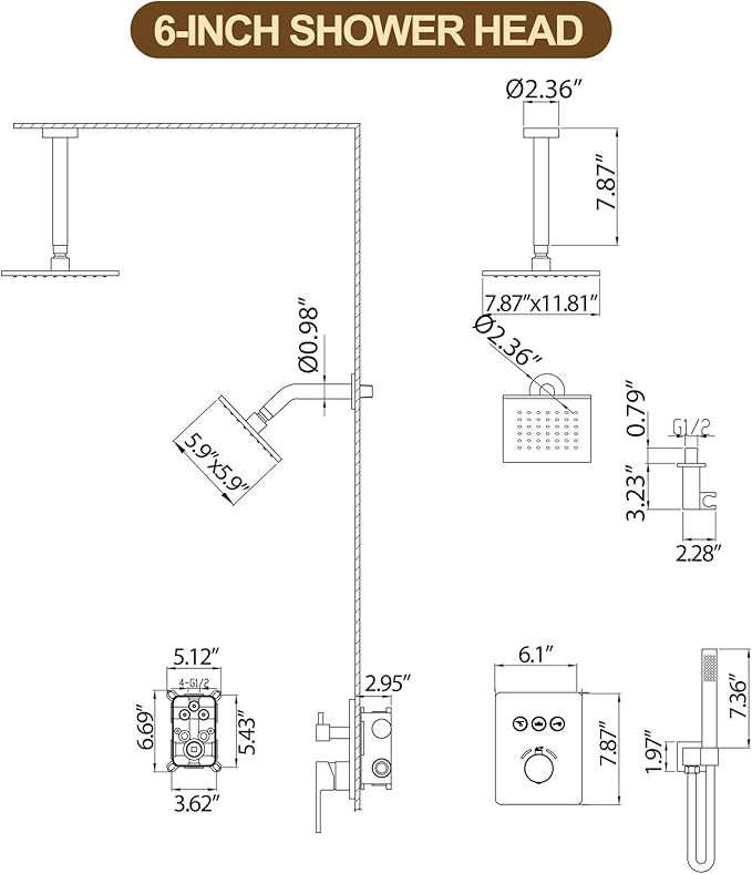 12 Inch Rain Shower System, Brushed Gold Shower Faucet Set with Push Button Diverter, 6 Inch Wall Mounted 3-Functions Bathroom Shower Systems with Dual-Function Handheld (Thermostatic, Gold Brushed)-PurrikoPets