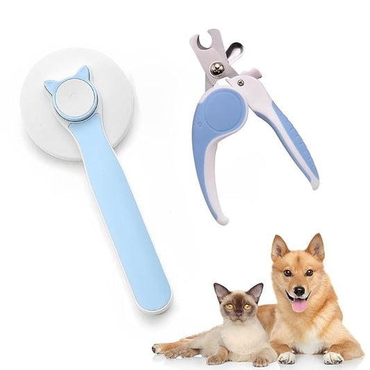 2PCS Pet Grooming Kit, Cat Brushes & Cat Nail Clipper, Cat Grooming Brush for Sedding and Grooming Fur（Blue）-PurrikoPets