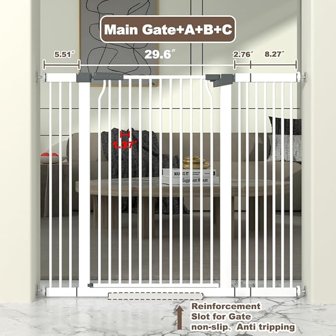 41" Extra Tall Cat Gate for Doorway, 40.6-49.1'' Metal Pet Baby Safe Gate, Extra Wide Pressure Mounted Child Door with Expansion Kit, No Drilling Cat Fence Indoor, Tall Dog Gate, White-PurrikoPets