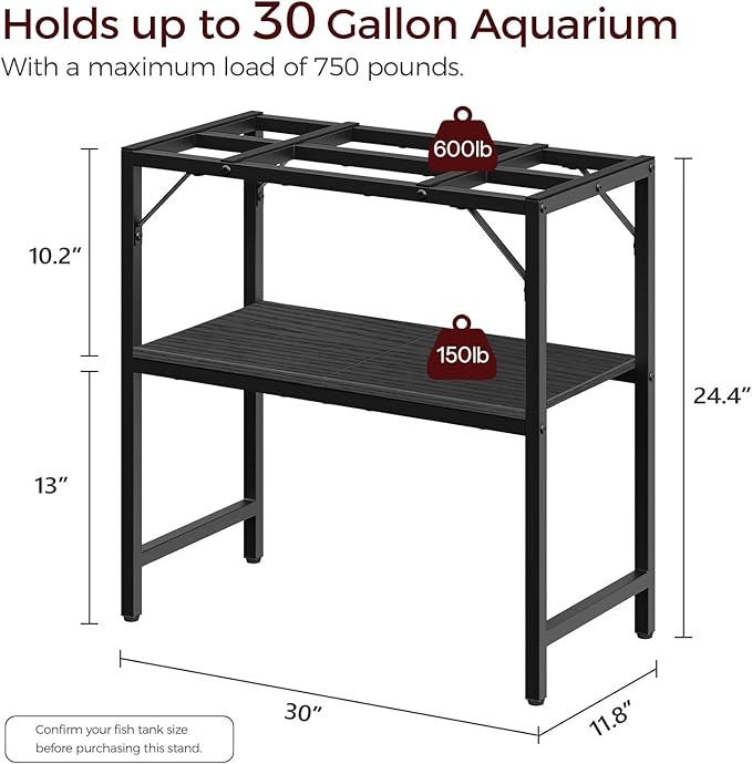 30 Gallon Fish Tank Stand, Aquarium Stand with 2-Tier Storage Shelves, Heavy Duty Breeder Turtle Terrarium Stand Rack for Home Office, 30.0" L x 11.8" W x 24.4" H, Black FTBK3001-PurrikoPets