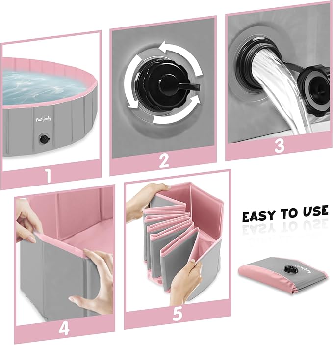 Furrybaby Dog Pool, Kiddie Pool Hard Plastic, Collapsible Pet Bath Foldable Swimming Pet Pool Portable Pink 32''-PurrikoPets
