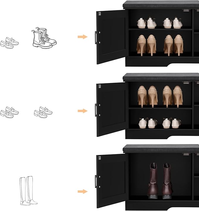 2-Tier Storage Bench, Shoe Bench with Padded Seat Cushion, Entryway Bench with 2 Barn Doors, Adjustable Shelf, 13.8" D x 39.4" W x 17.7" H, for Entryway, Living Room, Bedroom, Black-PurrikoPets