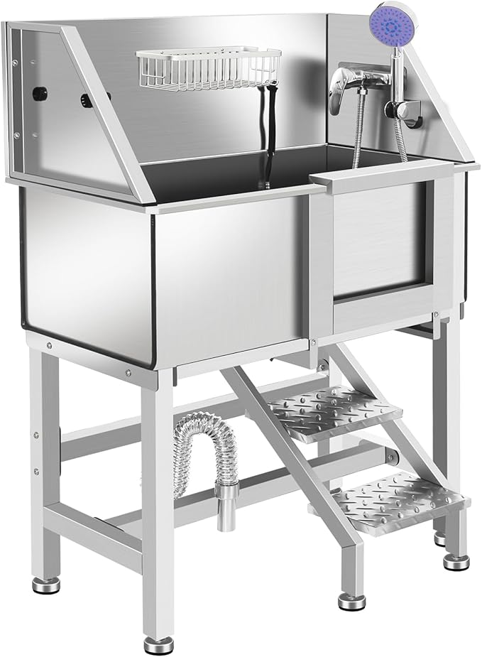 Dog Washing Station 38'' Stainless Steel Pet Grooming Tub for Large Dogs Over-Size Professional Dog Grooming Bathtub Station Wash Shower Sink Pet Grooming Bathtub Station-PurrikoPets