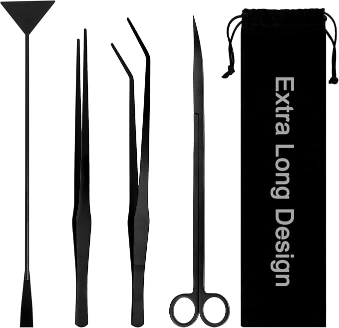15Inch Extra Long Design Aquarium Aquascaping Tool Stainless Steel Aquascape Tools Kit 4 in 1 Anti-Rust Fish Tank Starter Kit with Long Tweezers Scissors Spatula for Aquarium Plants (Black)-PurrikoPets