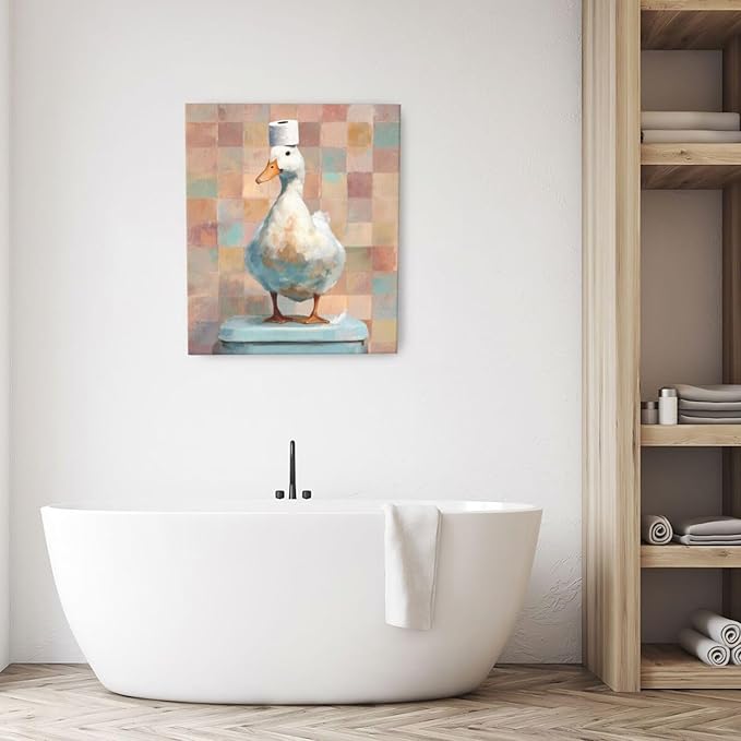 Funny Duck Bathroom Wall Art Cute Duck on Toilet Canvas Wall Decor Funny Quirky Farm Animal Pictures Painting Print Framed Artwork Decorations Gifts for Bathroom 20"x24"-PurrikoPets