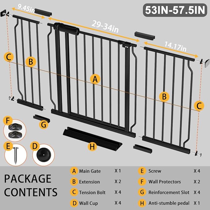 Fairy Baby Extra Wide Baby Gate Black 53-57.5 Inch Wide, Walk Through Pressure Mounted No Drill, Long and Large Tension Gate for Pet and Kids-PurrikoPets