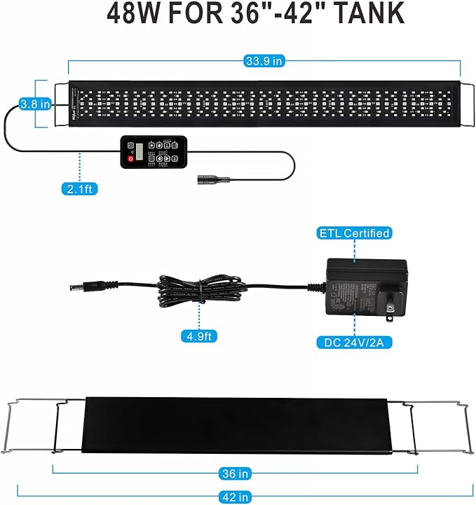 Advanced 7-Row LED Aquarium Light, Easy Setup Controller, Auto On Off Full Spectrum Fish Tank Light, 24/7 Lighting Cycle, 8 Colors, 10 Level Dimming, 48W for 36"-42" Freshwater Planted Tank-PurrikoPets