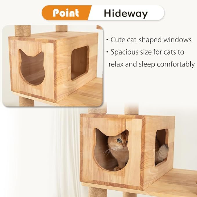 74" Wooden Cat Tree Tower for Large Cats, Multi-Level Cat Climbing Furniture with Scratching Posts, Cat Condo & Hammock, Natural Wood Cat Activity Center(Brown)-PurrikoPets