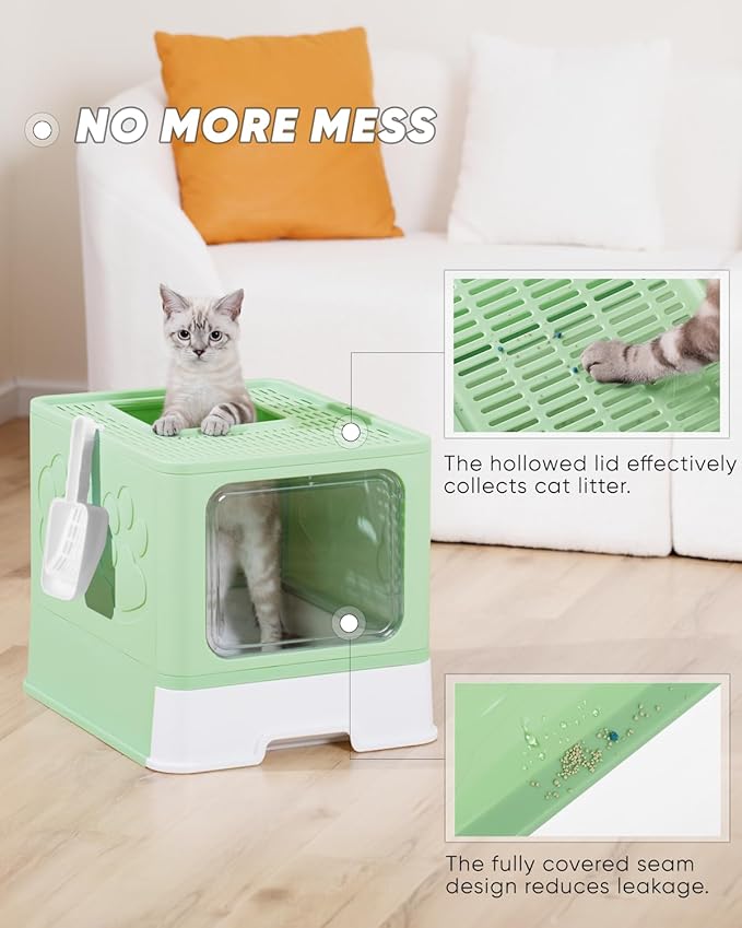 Enclosed Cat Litter Box, Large Litter Box for Big Cats, Covered Kitty Litter Boxes with Lid, Top Entry Cat Box Enclosure with Scoop, Odor Control, Easy to Clean(Green)-PurrikoPets