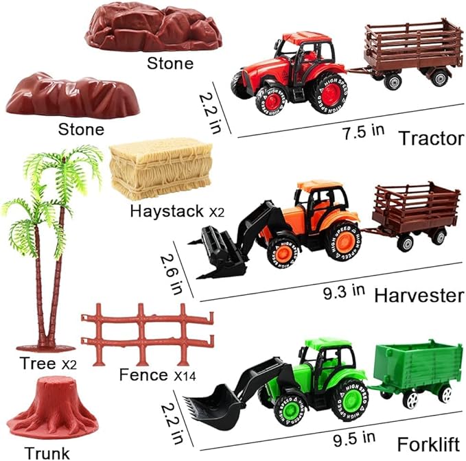 3 Pack Farm Toy Tractor with 40pcs Plastic Animals Figurines and Fence Playset, Farm Figures Farmer Vehicle Toy Truck with Trailer for 3-12 Years Old Kids Boys Girls Toddlers-PurrikoPets