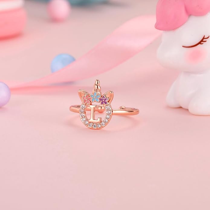 Unicorn Rings Gifts for Girls - Adjustable Initial Ring Dainty Cute Unicorn Rings for Girl Teens Little Girls Jewelry Birthday Gift