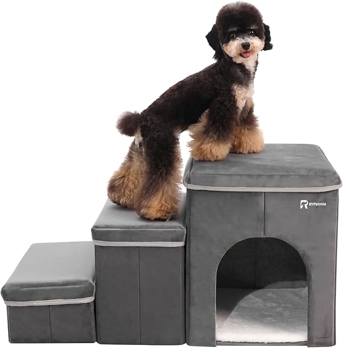 Foldable Pet Stairs for Beds & Sofas - Non-Slip Dog Steps with Storage for Small to Medium Dogs & Cats, Supports up to 120 lbs - Durable 2 & 3-Step Doggie Ladder for Easy Access-PurrikoPets