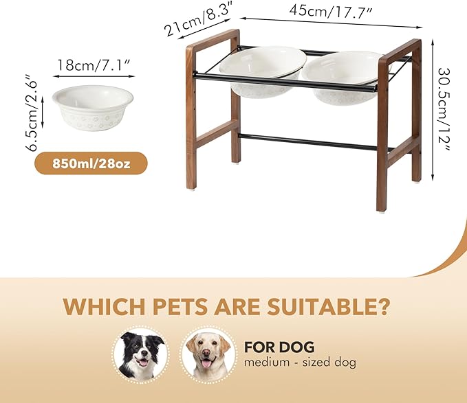 7.1inch Ceramic Adjustable Raised Double Bowls Set with Stand, 3 Heights Elevated, 2 Placement Options,Food and Water Bowls for Medium and Large Dog(Reactived Glaze -White)-PurrikoPets
