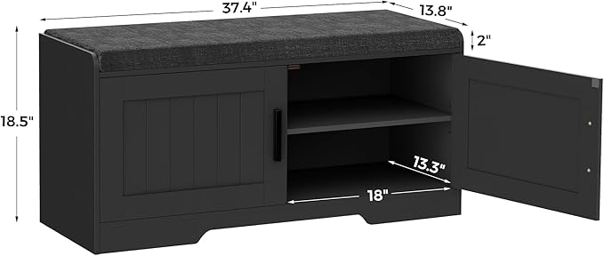 2-Tier Storage Bench, Shoe Bench with Thickened Padded Seat Cushion, Entryway Bench with 2 Doors, Adjustable Shelf, 13.8" D x 37.4" W x 18.5" H, for Entryway, Living Room, Bedroom, Black-PurrikoPets