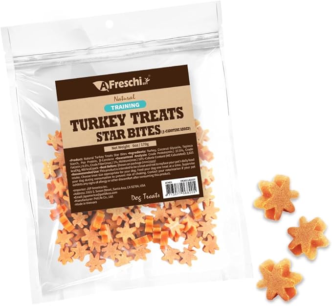 Afreschi Natural Turkey Treats Star Bites –6 oz, Hexagonal Shape, USA-Sourced Trukey, All-Natural, Hypoallergenic, Low-Fat, Healthy & Easily Digestible, Puppy & Training Snack & Small Dogs-PurrikoPets
