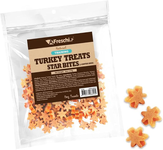 Afreschi Natural Turkey Treats Star Bites –6 oz, Hexagonal Shape, USA-Sourced Trukey, All-Natural, Hypoallergenic, Low-Fat, Healthy & Easily Digestible, Puppy & Training Snack & Small Dogs-PurrikoPets