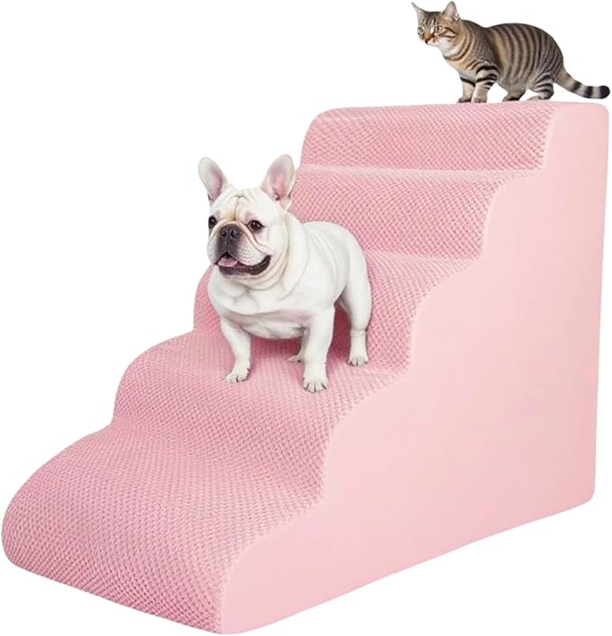 5 Step Pet Stairs Ramp for High Beds Sofas 5-30 Inch with Sturdy Non Slip Waterproof Pads, Machine Washable Cover Indoor Balanced Design for Cats Dogs Small Medium Large XL Pets Grey (Pink, Large, 1)-PurrikoPets
