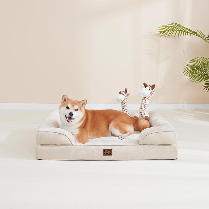 EHEYCIGA Orthopedic Dog Bed for Medium Dogs, Waterproof Memory Foam Medium Dog Beds with Sides, Non-Slip Bottom and Egg-Crate Foam Pet Couch Bed with Washable Removable Cover, Beige-PurrikoPets