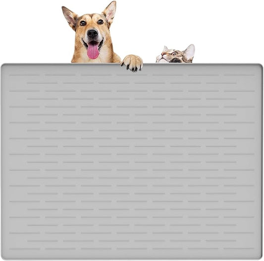 32" x 24" Large Pet Food Mat, Silicone Dog Mats for Food and Water, Nonslip Pet Feeding Mats for Floors,Dog Cat Bowl Mat with Raised Edges, Gray White-PurrikoPets