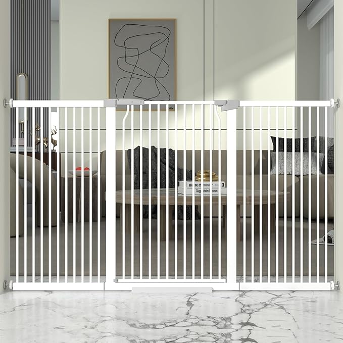 41" Extra Tall and Wide Baby Gate, 68.5-72.2'' Wide Pet Cat Gate for Doorway, Extra Wide Pressure Mounted Child Door with Expansion Kit, Metal Safe Gate, Tall Dog Gate, White-PurrikoPets