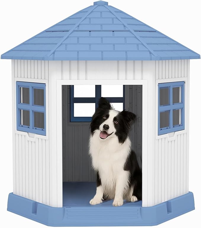 DRATO Dog House Indoor Outdoor Durable Large Dog Shelter with Outside Dog Kennel with Window and Elevated Floor for Small Medium Dogs (Blue, 34.8 * 30.51 * 36.89)-PurrikoPets