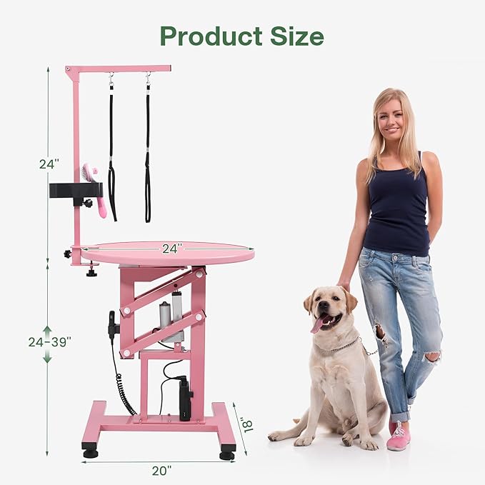 Electric Hydraulic Lift Pet Dog Grooming Table, 24Inch Grooming Desktop for Small Dogs, with Overhead Arm, Wireless Remote, Tool Organizer, Pink-PurrikoPets