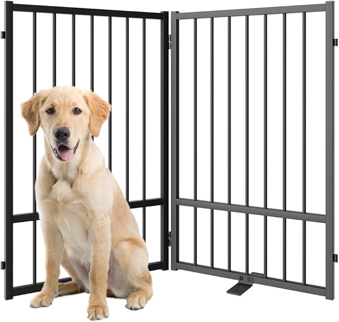 Full Metal Freestanding Dog Gate with Door, 32''Height Foldable Pet Dog Fence for Indoor & Outdoor, 2 Panels Extra Wide Free Standing TallDog Gates for Doorways,House,Stairs,Porch,Deck,Yard-PurrikoPets