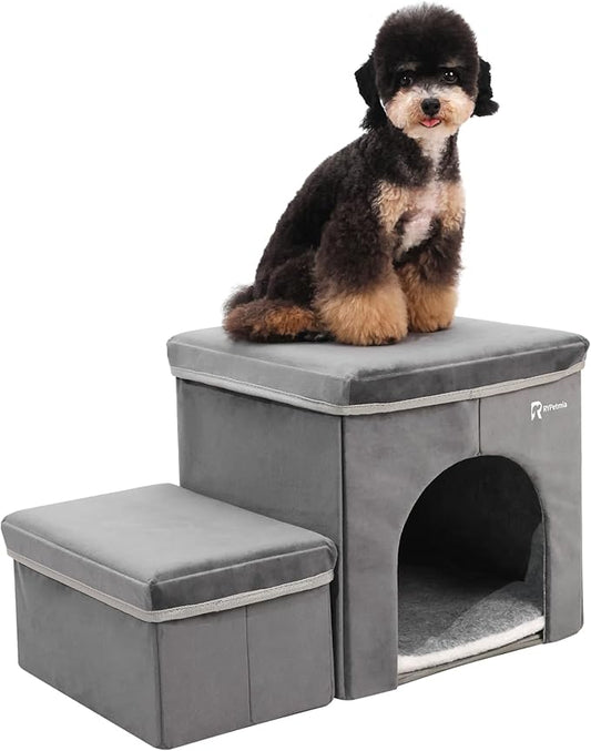 Foldable Pet Stairs for Beds & Sofas - Non-Slip Dog Steps with Storage for Small to Medium Dogs & Cats, Supports up to 120 lbs - Durable 2 & 3-Step Doggie Ladder for Easy Access-PurrikoPets