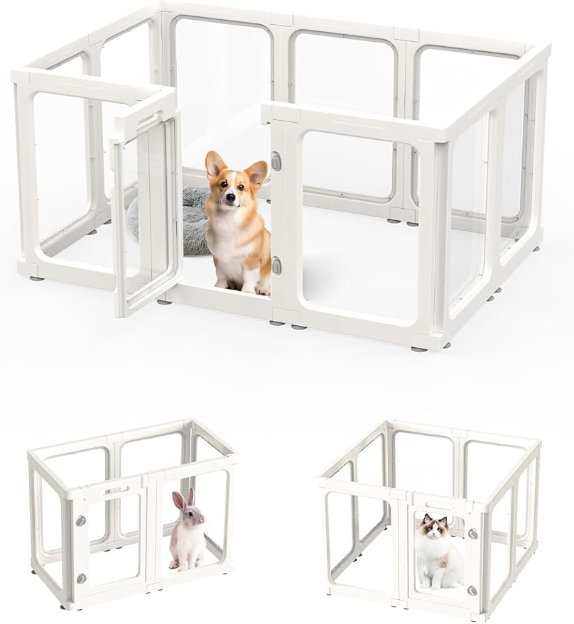 Dog Playpen, Clear Acrylic Plastic Puppy Playpen Indoor, Pet Pen for Puppy Cat Bunny, Transparent Easy Assemble Foldable Whelping Box for Dogs, Puppy Playpen with Gate (23.6" Height, 10PCS)-PurrikoPets