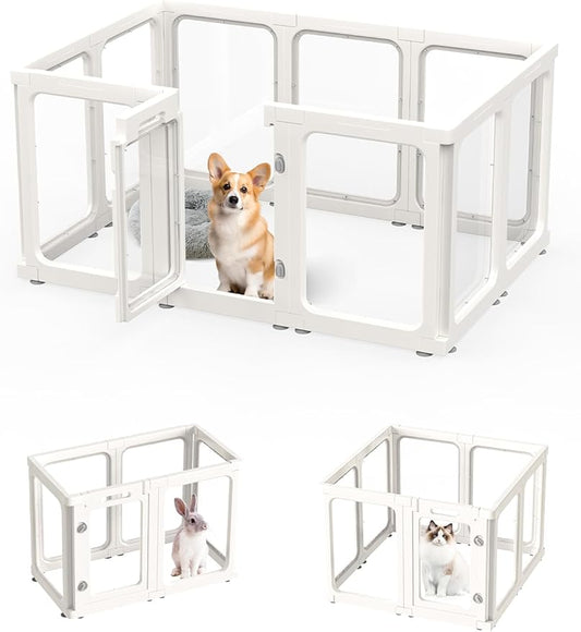 Dog Playpen, Clear Acrylic Plastic Puppy Playpen Indoor, Pet Pen for Puppy Cat Bunny, Transparent Easy Assemble Foldable Whelping Box for Dogs, Puppy Playpen with Gate (23.6" Height, 10PCS)-PurrikoPets