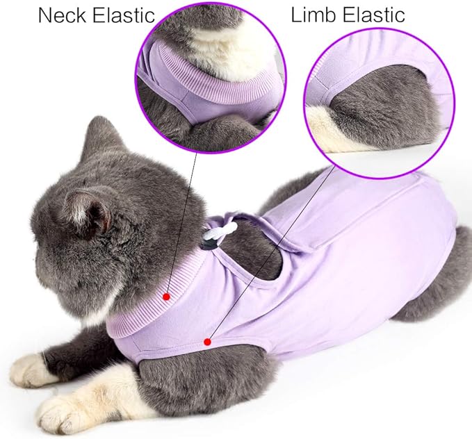 DOTON Cat Recovery Suit for Male and Female Surgical Post Surgery Soft Cone Onesie Shirt Clothes Neuter Licking Protective Diapers Outfit Cover Kitten Spay Collar(L, Purple)-PurrikoPets