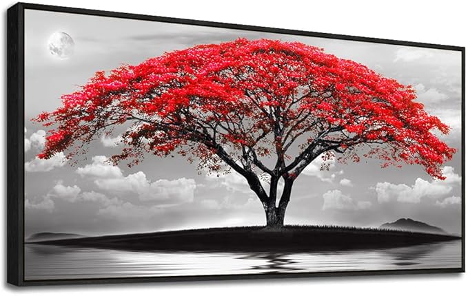 Framed Canvas Wall Art For Living Room Bathroom Wall Decor Black And White Landscape Red Tree Moon Scenery Hang Painting Home Decorations For Office Bedroom Kitchen Works Canvas Prints Pictures-PurrikoPets