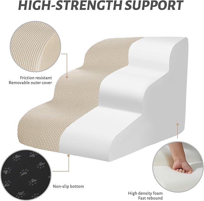 3-Step Dog Ramp and Stairs for Sofa and Chair - Non-Slip Sturdy Pet Steps for Small Dogs and Cats,15.7" H,Beige-PurrikoPets