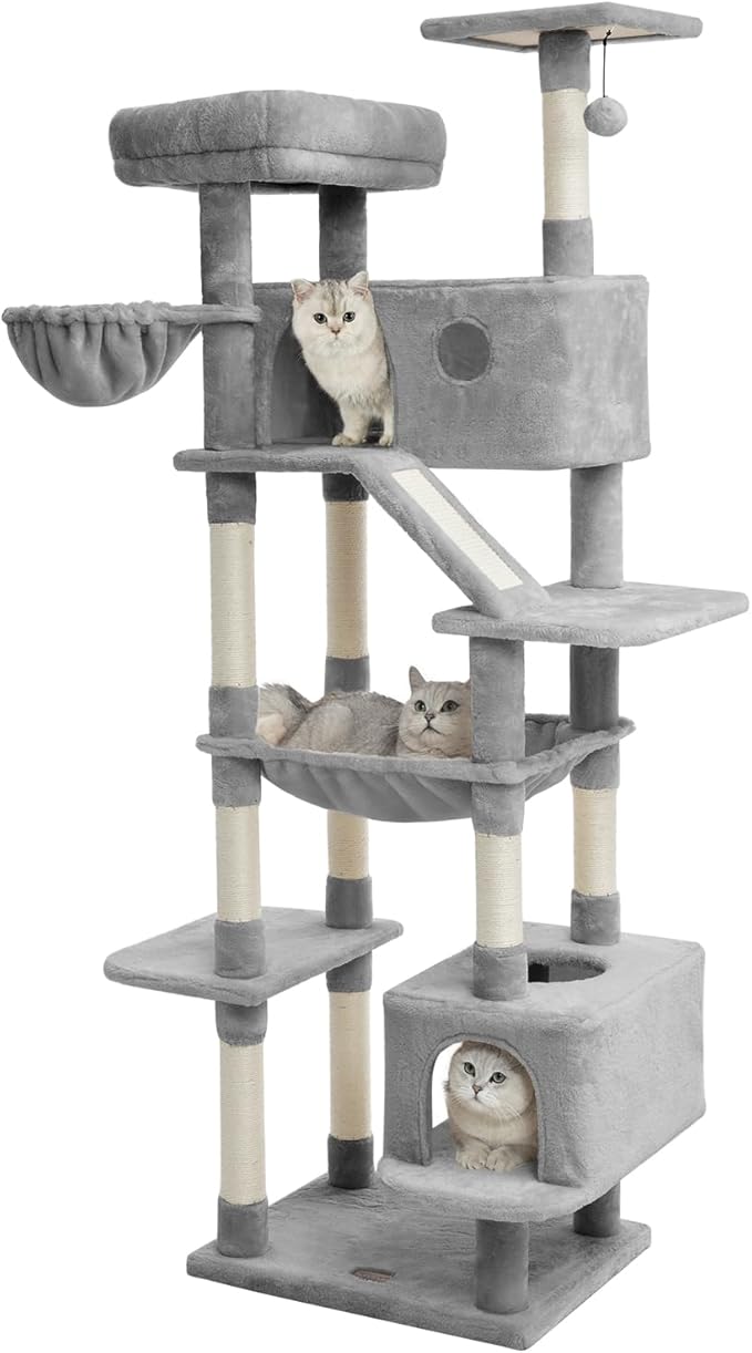 73 inches Large Cat Tree for Indoor Cats, Tall Cat Tower with Sisal Scratching Posts and Pads, Padded Plush Perch, Cozy Basket, Plush Condo for Large Cats (Grey)-PurrikoPets