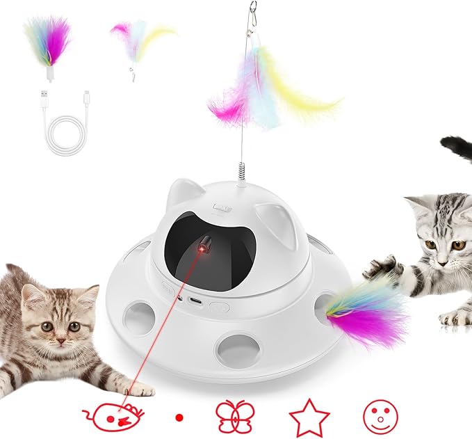 3-in-1 Cat Laser Toy & Interactive Automatic Motion-Activated Kitten Toy – 6 Holes Whack-A-Mole Feather & Moving Ambush Fun – USB Rechargeable, Apply to – Indoor Exercise for Cats of All Breeds-PurrikoPets