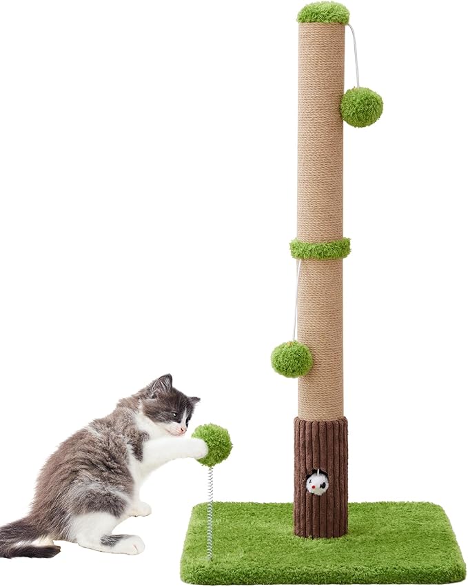 33" Tall Cat Scratching Post for Indoor Cats, Premium Sisal Scratch Posts with Cat Toys and Fun Mouse Holer for Cats at All Ages, Scratcher Tree with Reinforced Stable Base (Green)-PurrikoPets