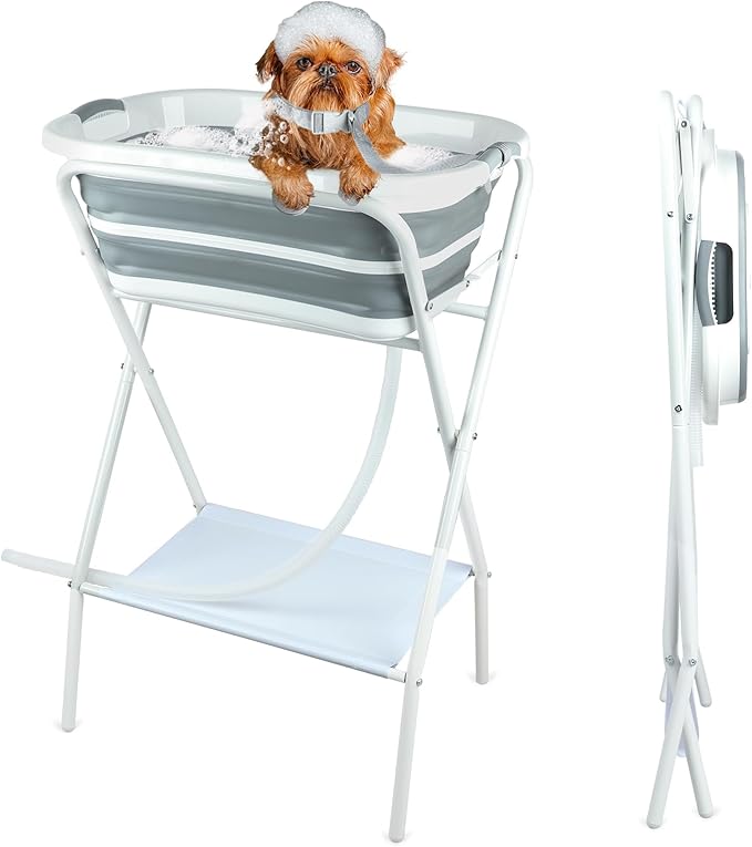 FHTONGE Elevated Dog Bathtub Grooming Station with Drain Adjustable Collar, 2 in 1 Collapsible Dogs Beautify Bathtub Portable Pet Washing Station, Pet Tub for Small Medium Dog Cat Shower Hairdressing-PurrikoPets
