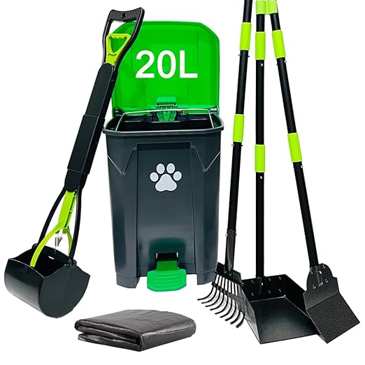 20L/5Gallon Dog Poop Trash Can Outside with Pooper Scooper & 50 Waste Bags- Outdoor Dog Poop Trash Can with Lid, Foot Pedal and Removable Inner Bin Waterproof and Odor Control-PurrikoPets