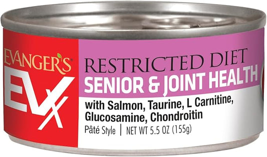 Evanger’s EVX Restricted Diet Senior and Joint Health Canned Cat Food – 24 Count, 5.5 oz Cans Each – Salmon with Taurine, L Carnitine, Glucosamine & Chondroitin – Grain Free Pâté Style-PurrikoPets