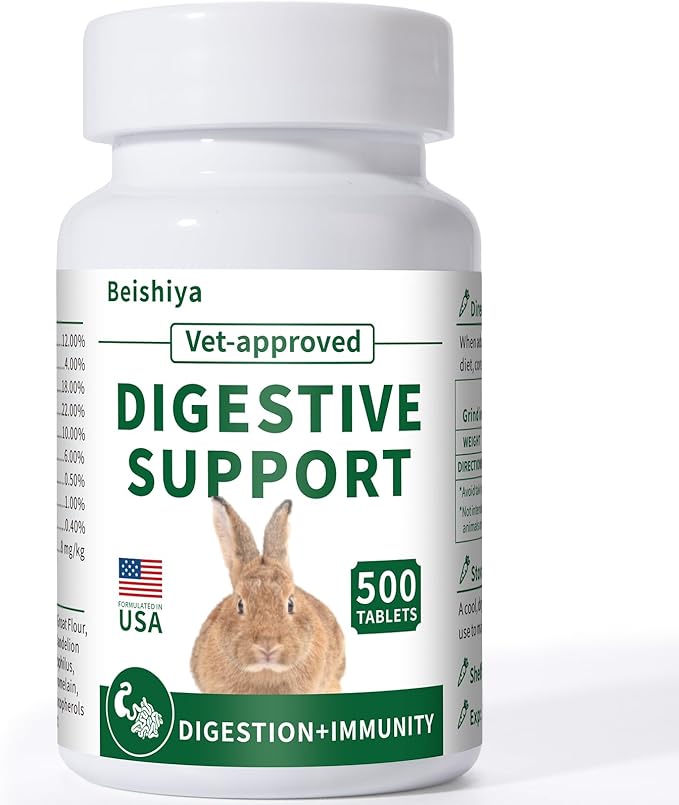 500 Tablets, Digestive Support Rabbit, Support GI Stasis, Bloat, Constipation, and Diarrhea, Strengthens Immune System, Premium Formula with High Fiber, Vitamins and Probiotics, Non-GMO-PurrikoPets