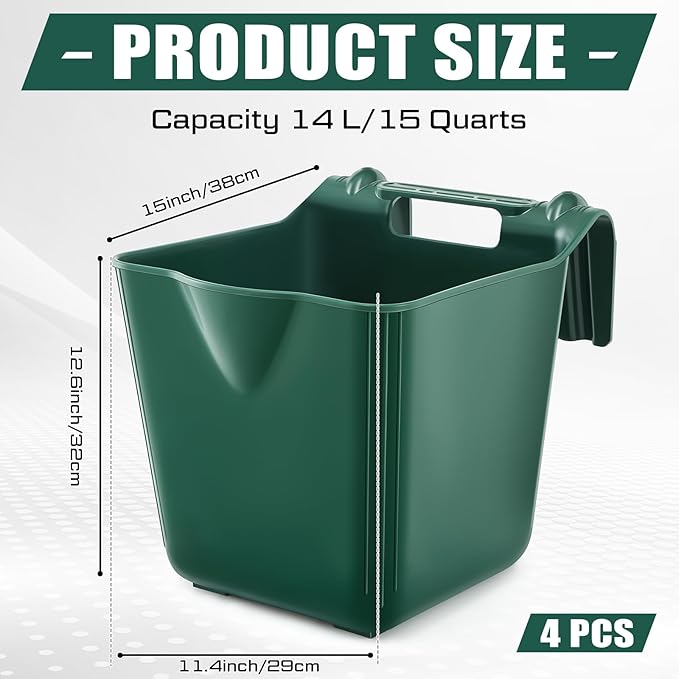 4 Pack 15 Quart Horse Feeders for Stall Hook Over Hanging Fence Hay Feeder Mountable Livestock Plastic Feed Bucket for Farm Stalls Pasture, Stable to Feed Horses Sheep Cattle Cows Etc(Green)-PurrikoPets