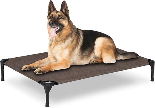 Elevated Dog Bed for Outdoor, Large Raised Dog Cot with Washable Mesh, Cooling Pet Cot Chew Proof for Outside Camping, 42"x30" Brown-PurrikoPets