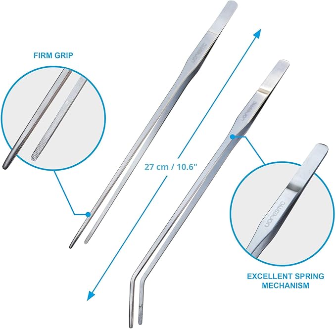 2 Pcs 10.6 Inches Heavy Duty Reptile Feeding Tongs, Long Aquarium Tweezers, Straight and Curved Long Tweezers for Aquarium and Terrarium-PurrikoPets
