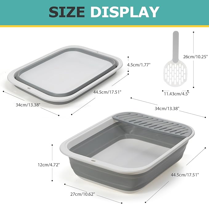 Foldable Cat Litter Box, Large Height-Adjustable Anti-Splash Open Air Kitty Litter Pan, Easy Clean with Scoop (Gray)-PurrikoPets
