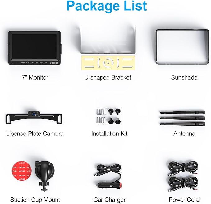 Fookoo HD 1080P 7-inch Wireless Backup Camera, 7" Split Screen Monitor + Rear View Licence Plate Camera, DIY Guide Lines Wide Angle IP69 Waterproof Easy to Install for Car Pickup Van SUV - DW7CT-PurrikoPets