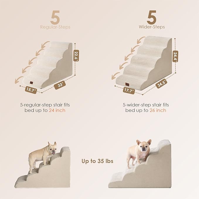 EHEYCIGA Curved Dog Stairs Ramp for High Beds, 5-Step Extra Wide Dog Steps for Small Dogs and Cats, Pet Stairs for High Bed Climbing, Non-Slip Balanced Pet Step Indoor, Beige-PurrikoPets