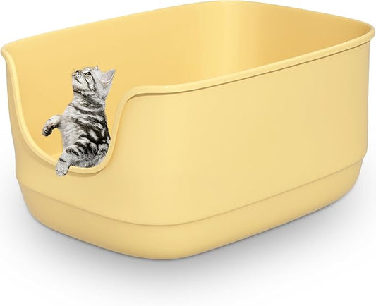 Gefryco Large Cat Litter Box with High Sided 24.6"x18.3"x12.2" - Jumbo Extra Large Open Anti - Splashing High Wall for Multiple Cats (Yellow)-PurrikoPets