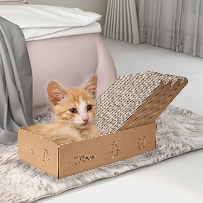 4 Packs in 1 Cat Scratch Pad with Box, Cat Scratcher Cardboard,Reversible,Durable Recyclable Cardboard, Suitable for Cats to Rest, Grind Claws and Play with Scratch Box-PurrikoPets
