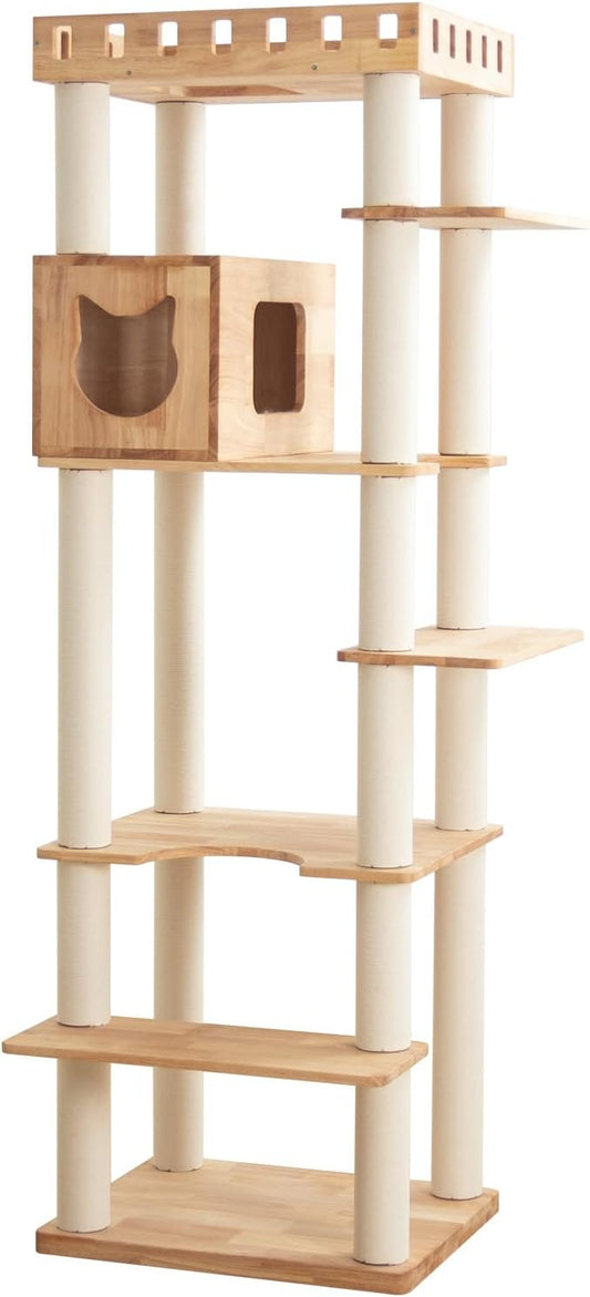 74" Wooden Cat Tree Tower for Large Cats, Multi-Level Cat Climbing Furniture with Scratching Posts, Cat Condo & Hammock, Natural Wood Cat Activity Center (White)-PurrikoPets