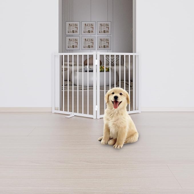 Full Metal Freestanding Dog Gate with Door, 24'' Height Foldable Pet Dog Fence for Indoor & Outdoor, 2 Panels Extra Wide Free Standing Small Dog Gates for Doorways,House,Stairs,Porch,Deck,Yard-PurrikoPets